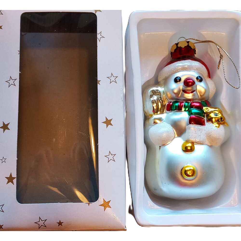 Vintage glass Snowman ornament hand crafted 1998 for European brands 5" with box